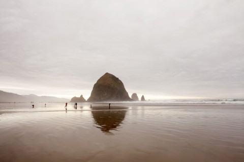 Haystack Rock reflected in surf