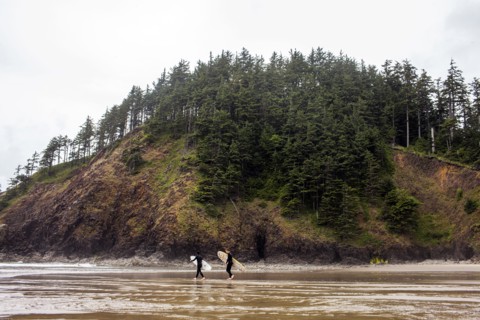 Surfers carrying surfboards on beach