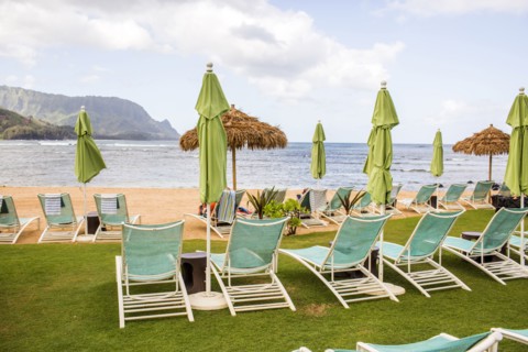 Empty deck chairs on beach