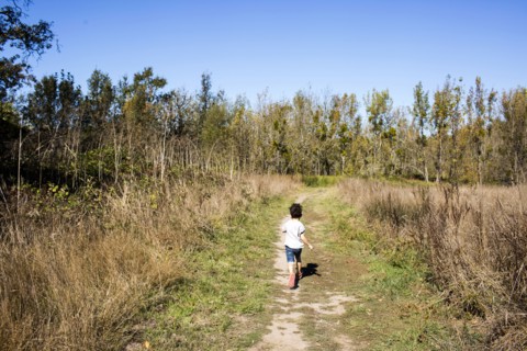 Mixed race boy walking on dirt path