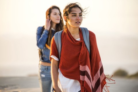 Mixed race women walking on beach