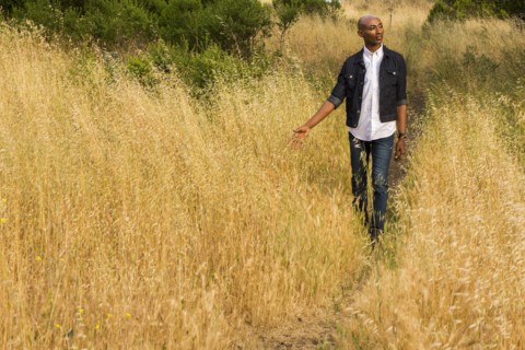 Pensive gay Black man walking in tall grass
