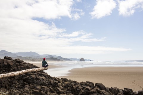 Caucasian woman sitting on log on rocks at beach