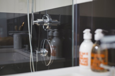 Glass shower in modern bathroom