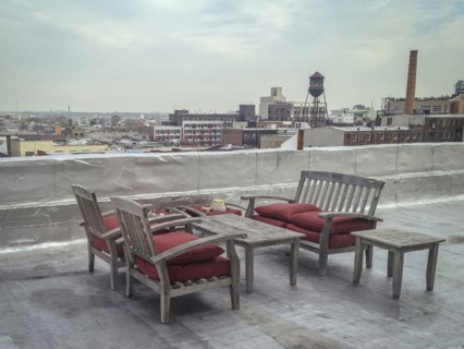 Patio furniture on urban rooftop
