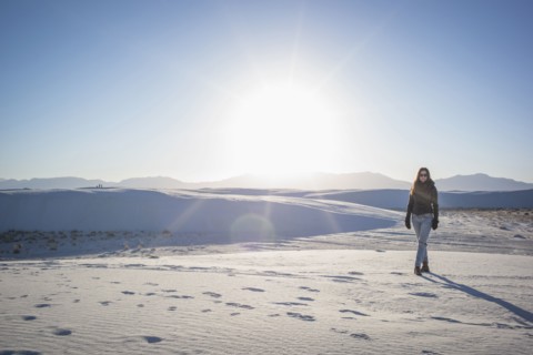 Caucasian woman walking in White Sands National Park