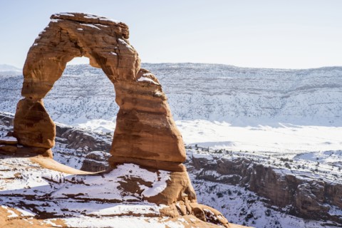 Rock formation in snowy desert park