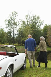 Rear view of couple holding hands by convertible in park