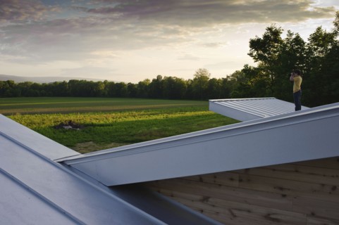 Man on roof admiring view of rural field