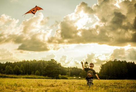 Caucasian boy flying kite in rural field