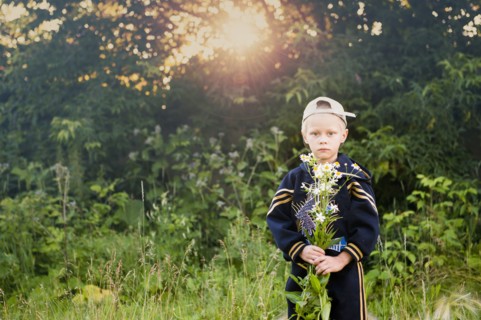 Caucasian boy picking flowers in rural field