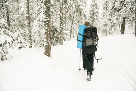 Caucasian hiker walking in snowy forest