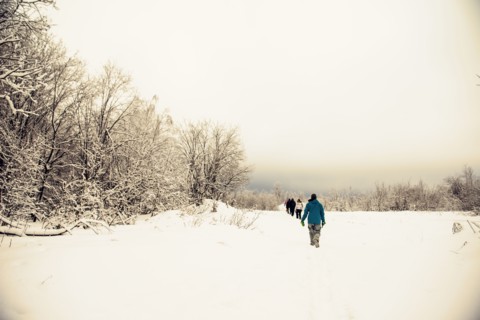 Caucasian hikers walking in snow