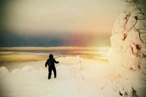 Hiker walking in snowy forest