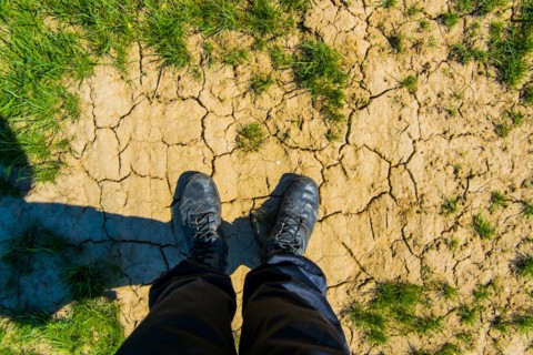 Person wearing boots on dry cracked ground