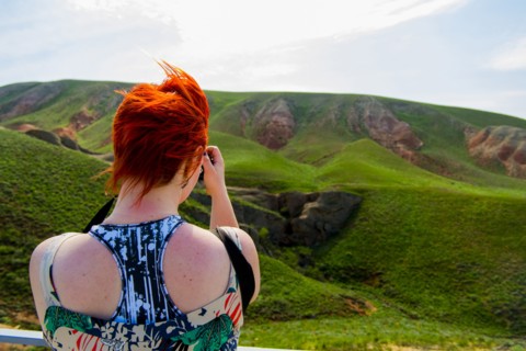 Woman photographing green rolling landscape
