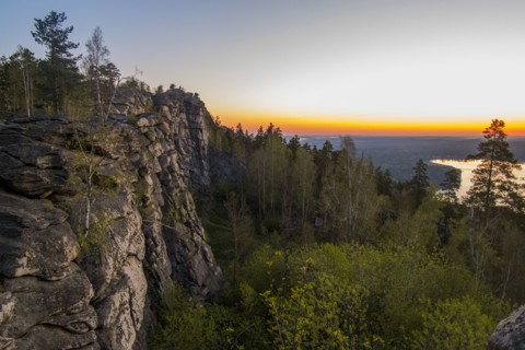 Sunset over mountain rocks