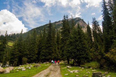 People hiking on path near mountain