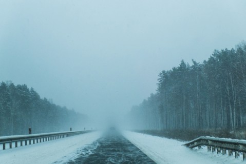 Wind on tree-lined winter road