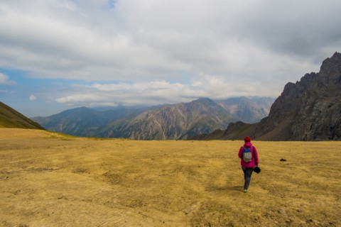 Caucasian women hiking in mountain landscape