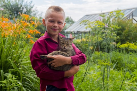Caucasian boy holding cat on farm