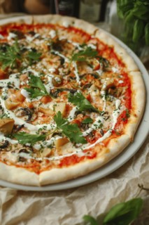 Gourmet pizza with basil on plate