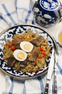 Eggs and meat on rice