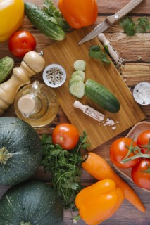 Ingredients for salad on cutting board
