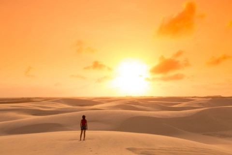 Mixed race teenage girl standing in remote desert