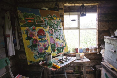 Large painting in art studio