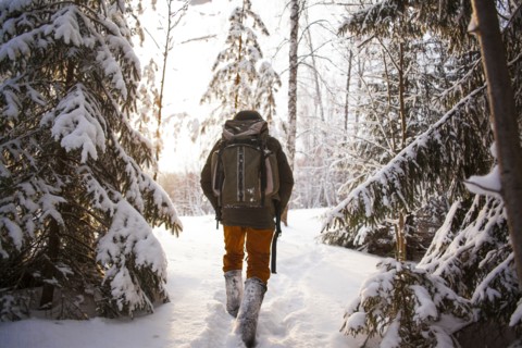 Mixed race man walking in snowy forest
