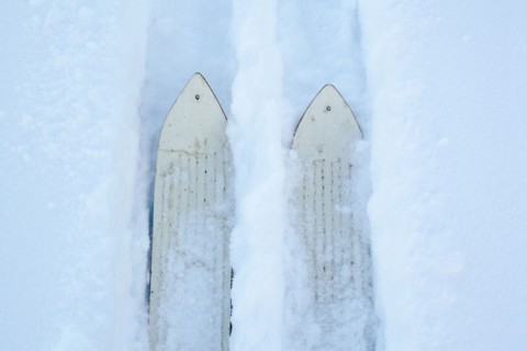 High angle view of skis making tracks in snow