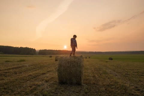 Mari boy standing on hay bale in field