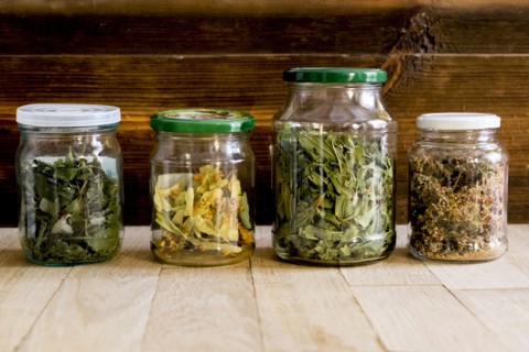 Row of jars of tea leaves