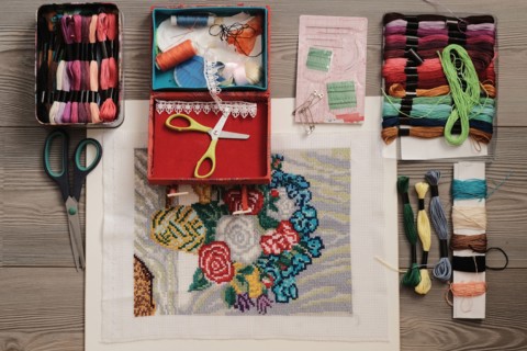 Embroidery supplies on table
