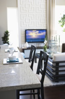 Contemporary loft interior with breakfast bar and living room