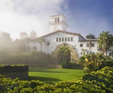 Exterior Santa Barbara Courthouse and sunken garden through morning mist