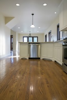 Hardwood floor in traditional kitchen