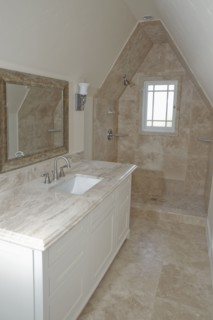Shower and sink in traditional bathroom