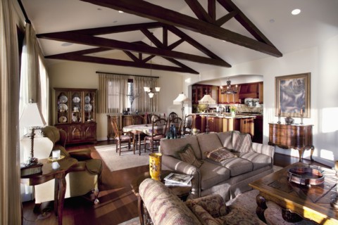 Wooden ceiling beams in great room