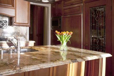 Vase of tulips on kitchen countertop