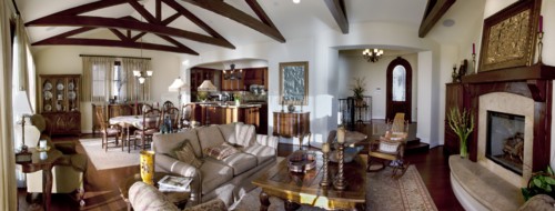 Panoramic shot of great room in traditional home