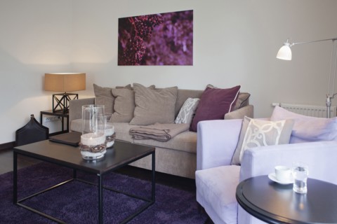 Coffee table on purple area rug in contemporary living room