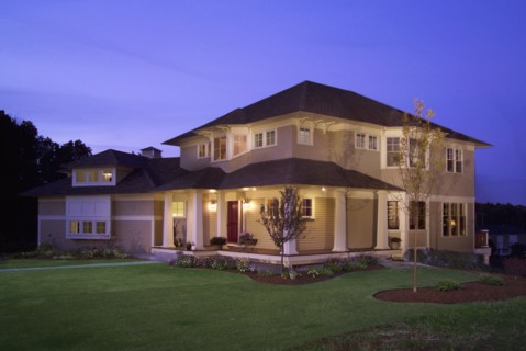Exterior of a single family home at dusk