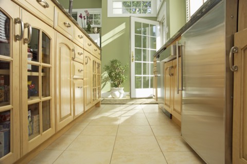 Wooden cabinets in domestic kitchen