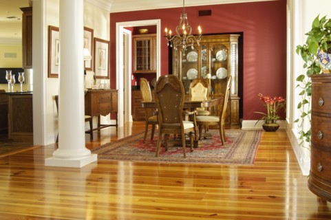 Traditional Dining room with high back chairs and heart pine hardwood floors