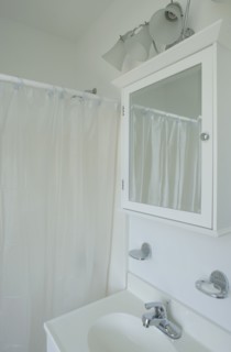 White sink medicine cabinet and shower curtain