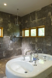 Modern double bathroom sink in spacious bathroom