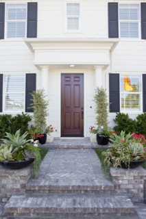 Walkway along plants leading to a house with closed brown door