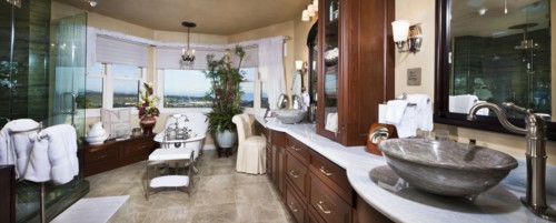 Contemporary bathroom with brown cabinets
